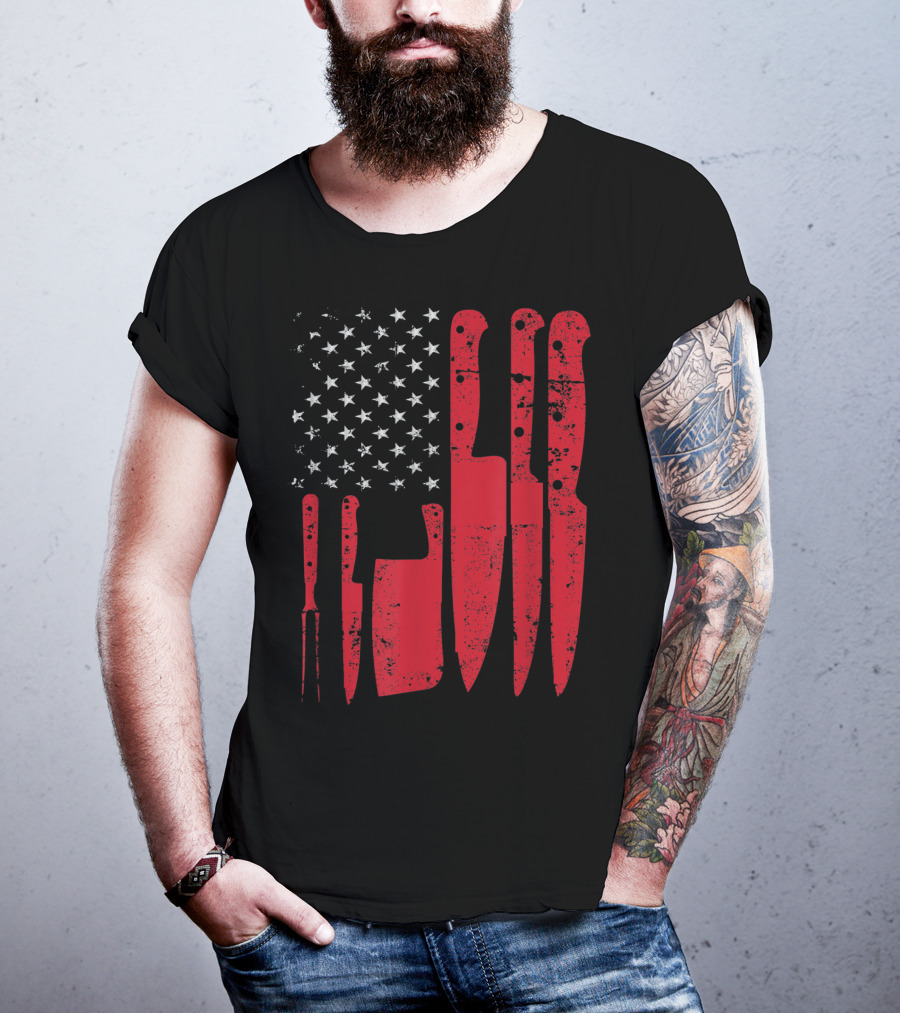 American Flag Stars Butcher Knife Set Vintage Look T-Shirt