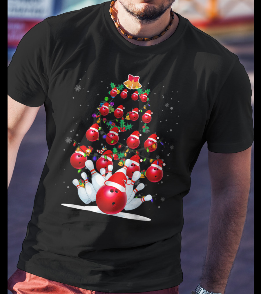 Bowling Ball Christmas Tree With Santa Hats And Snowflakes T-Shirt