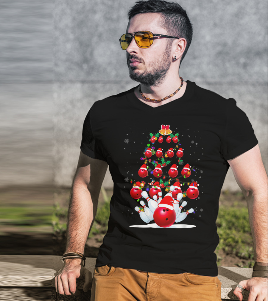 Bowling Ball Christmas Tree With Santa Hats And Snowflakes T-Shirt