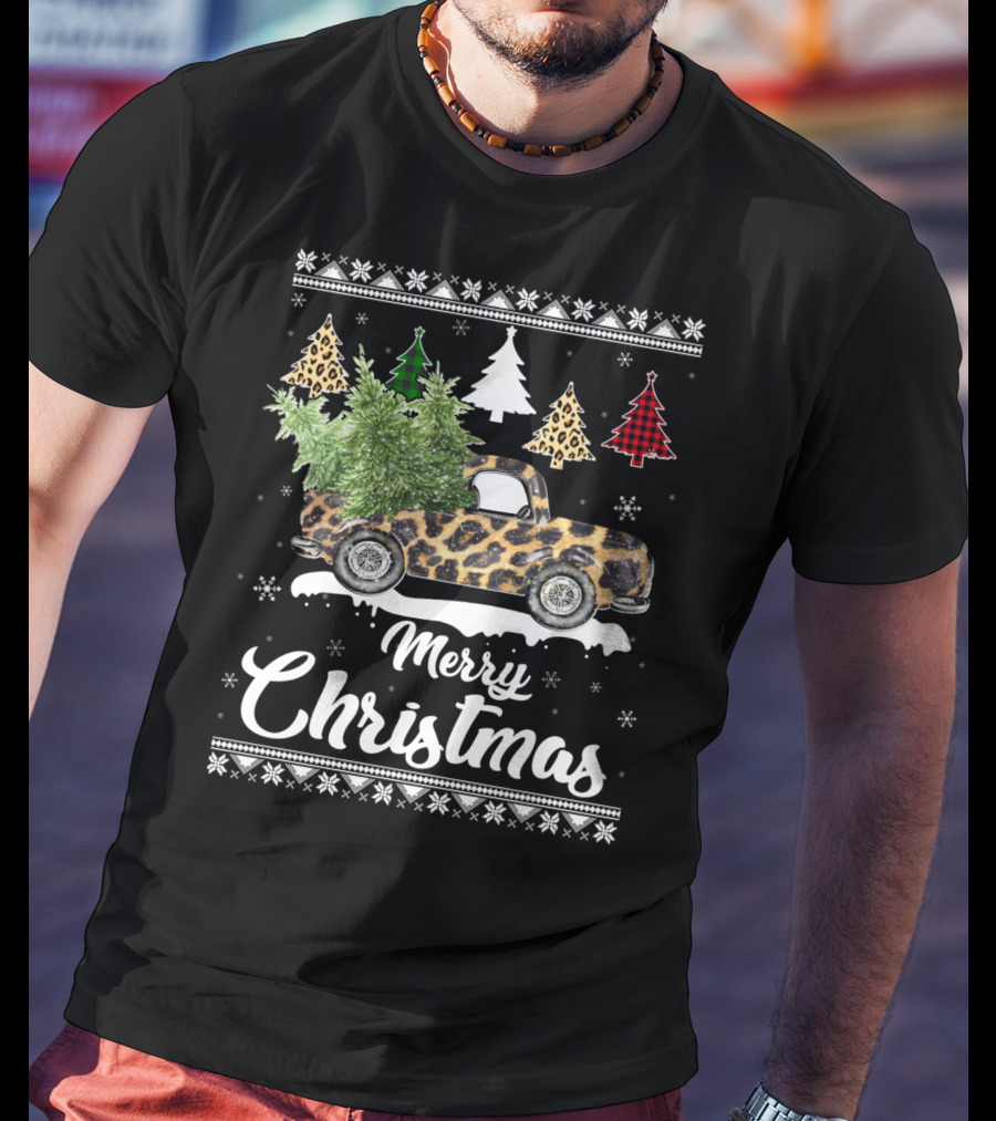 Merry Christmas Leopard Truck Plaid Trees Snowflakes T-Shirt