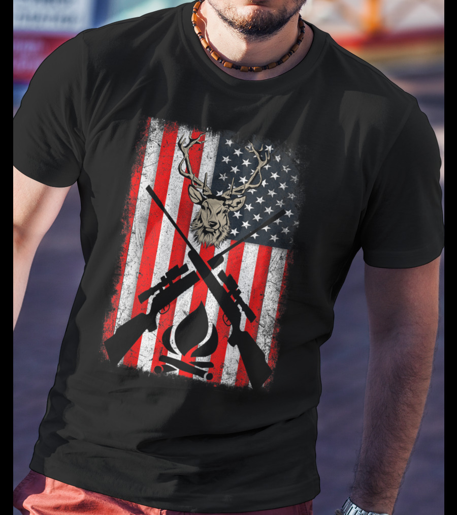 Patriotic Deer Hunting With American Flag And Rifles T-Shirt