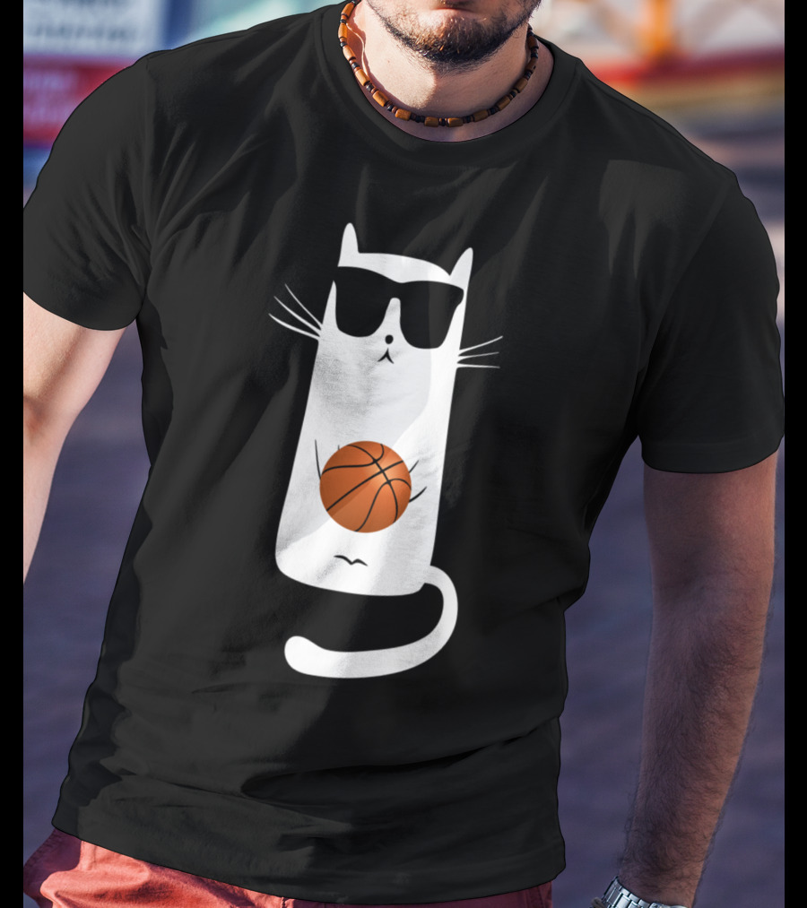 Humorous Sunglass-Wearing Cat With Basketball In Whimsical Pose T-Shirt