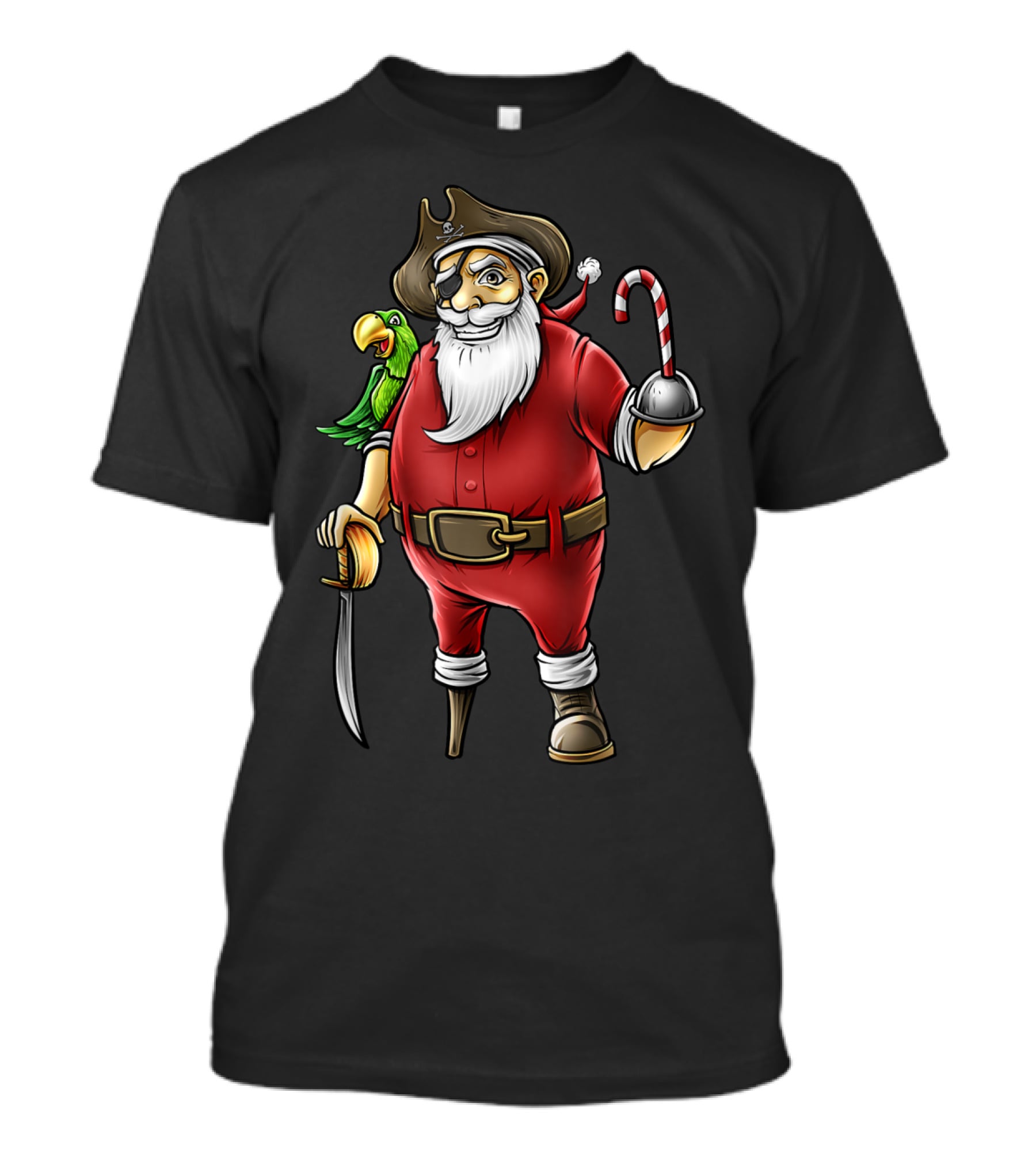 Funny Christmas Pirate Santa With Candy Cane Hook Hand And Parrot T-Shirt