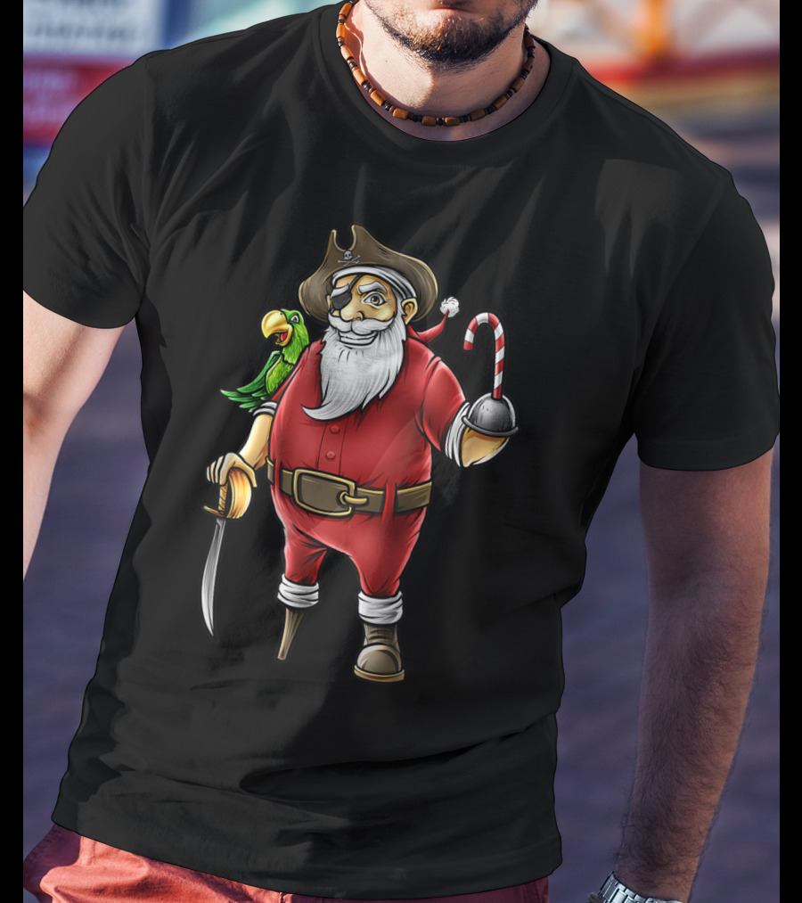 Funny Christmas Pirate Santa With Candy Cane Hook Hand And Parrot T-Shirt