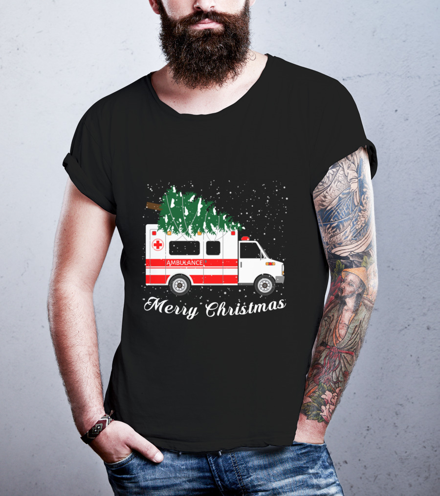 Merry Christmas Ambulance Carrying Christmas Tree In Snowfall T-Shirt