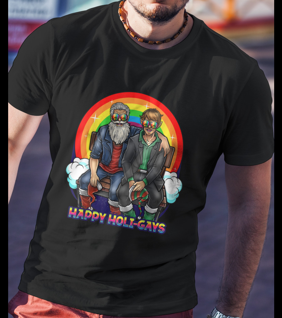 Happy Holi-Gays Funny Rainbow Santa And Elf Christmas T-Shirt