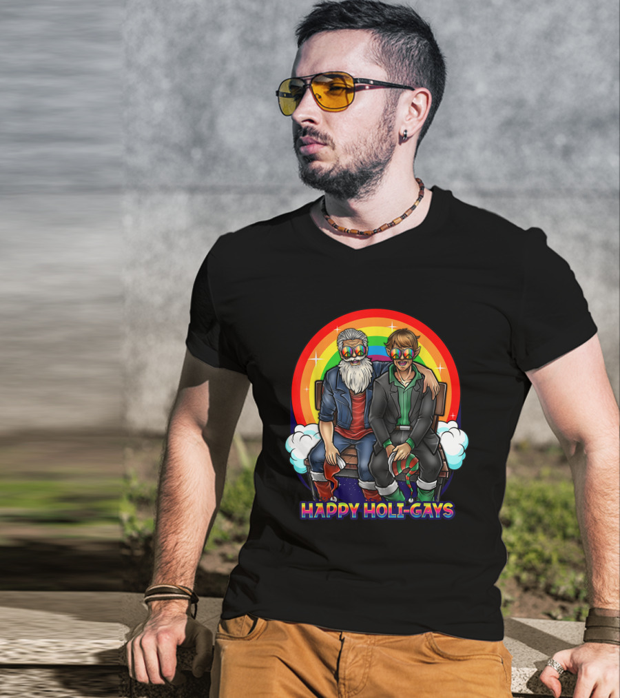 Happy Holi-Gays Funny Rainbow Santa And Elf Christmas T-Shirt
