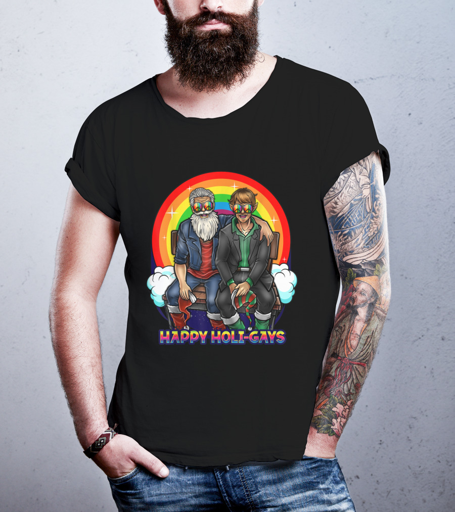 Happy Holi-Gays Funny Rainbow Santa And Elf Christmas T-Shirt