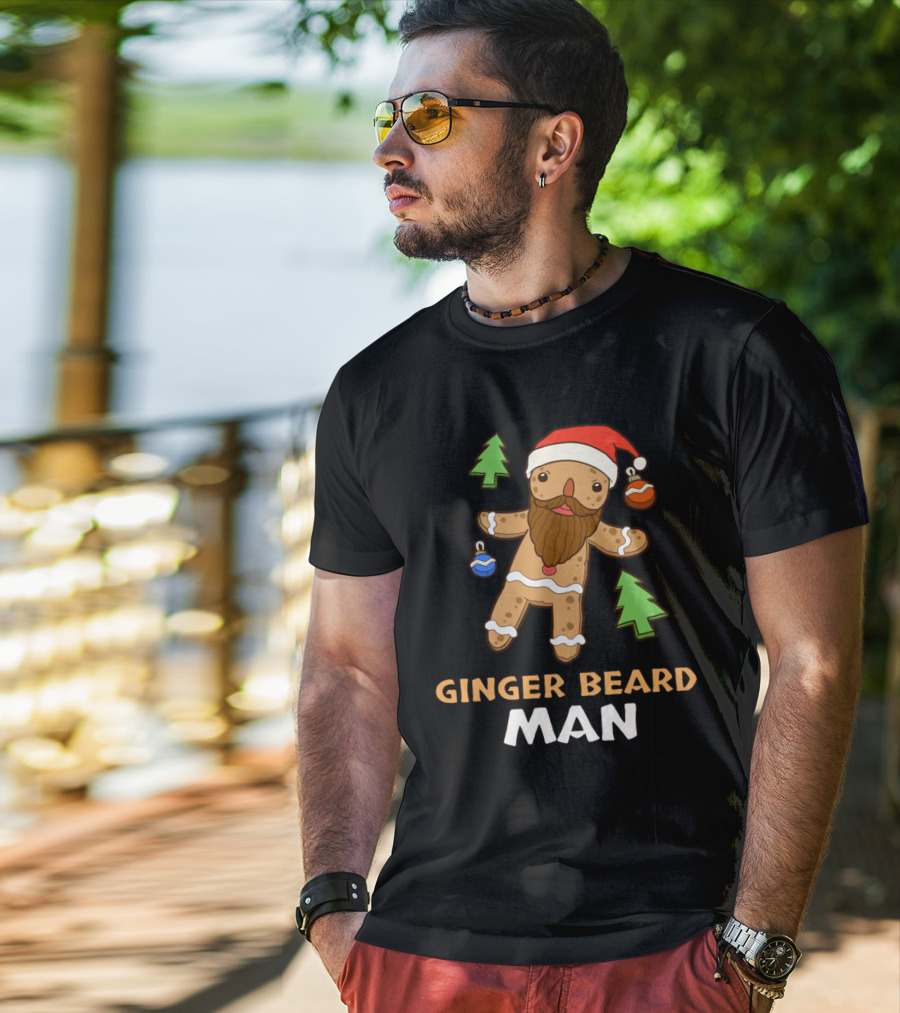 Ginger Beard Man Christmas Gingerbread With Santa Hat And Ornaments T-Shirt