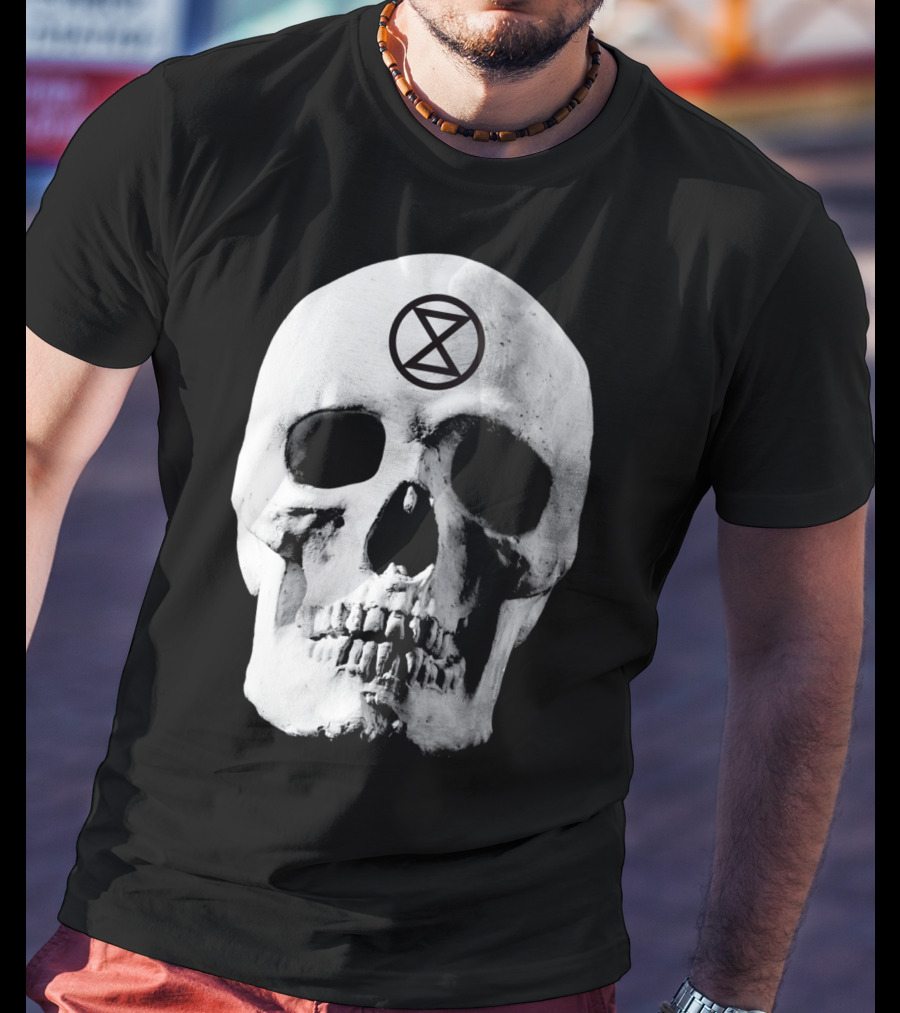 Extinction Rebellion Skull With Hourglass Symbol In Deadly Warning T-Shirt