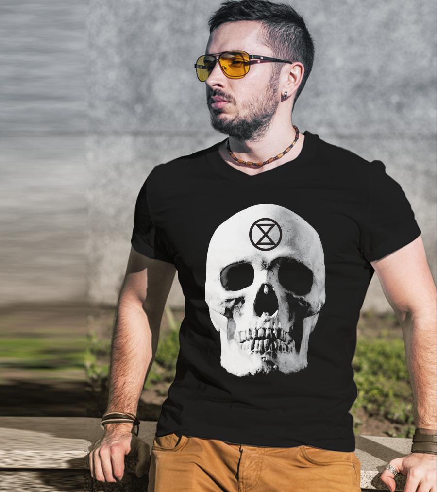 Extinction Rebellion Skull With Hourglass Symbol In Deadly Warning T-Shirt