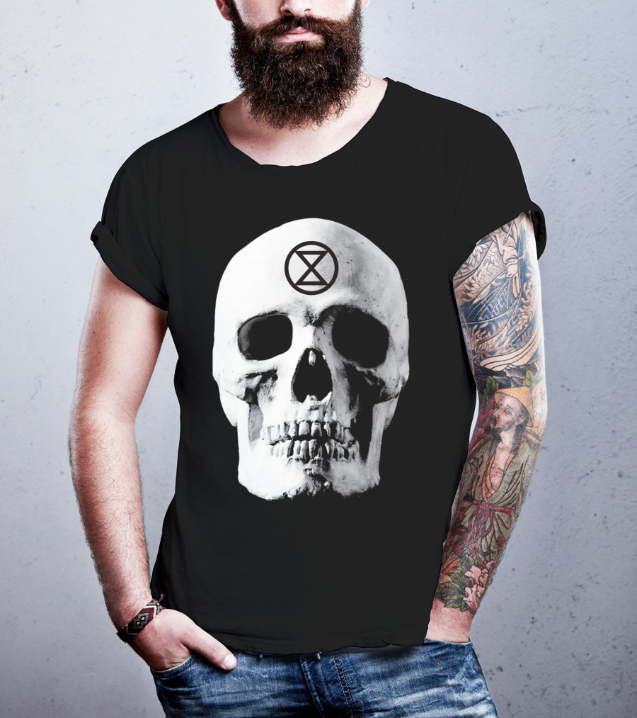 Extinction Rebellion Skull With Hourglass Symbol In Deadly Warning T-Shirt