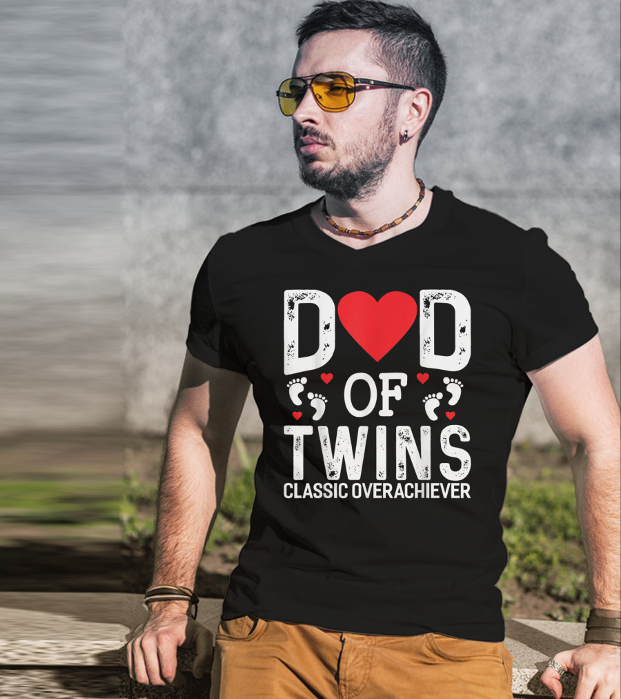 Dad Of Twins Heart Footprints Classic Overachiever T-Shirt