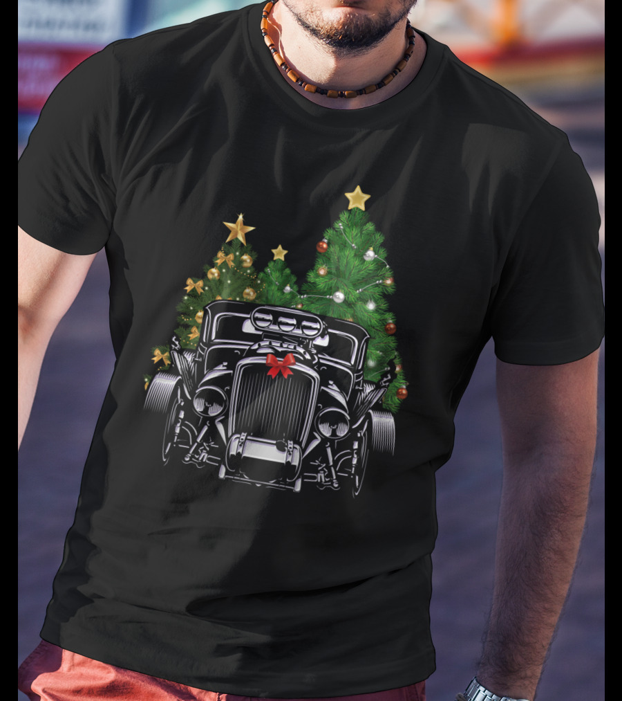 Hot Rod Ugly Christmas Classic American Car With Holiday Tree Decorations T-Shirt