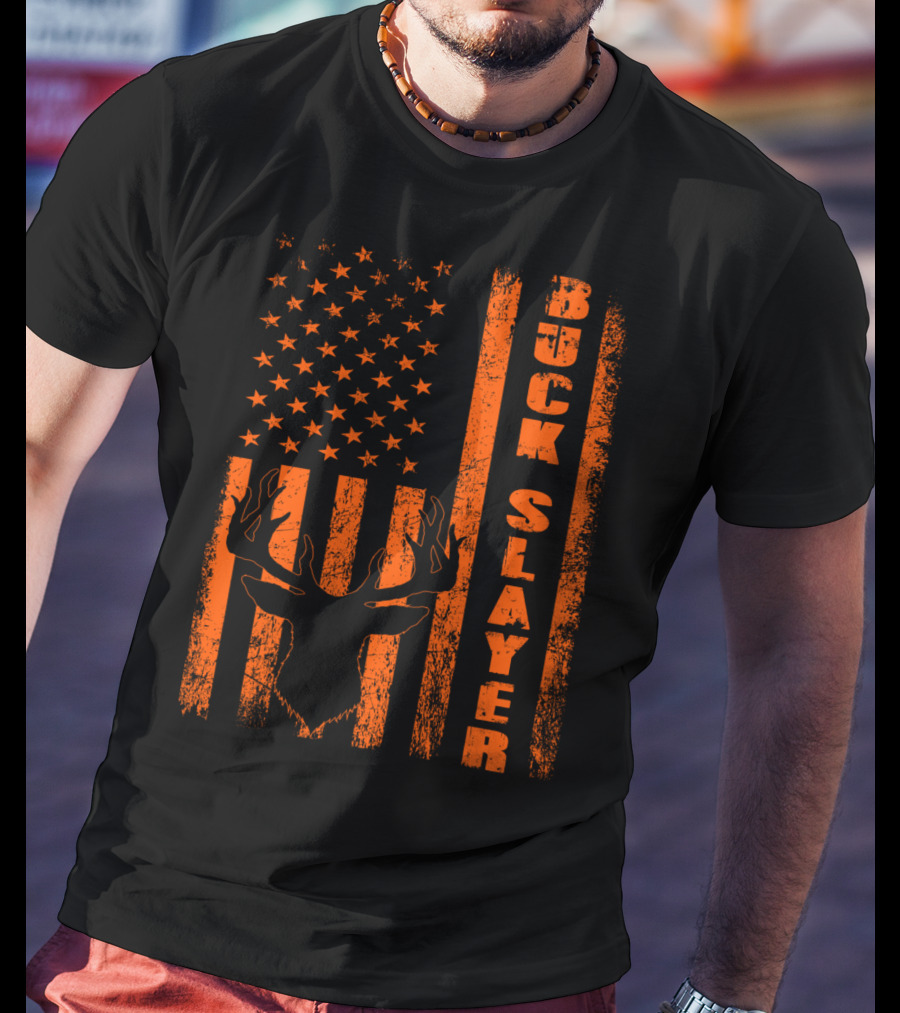Hunting Blaze Orange Buck Slayer Patriotic Flag Deer T-Shirt