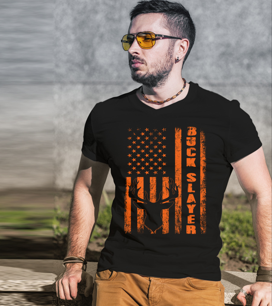Hunting Blaze Orange Buck Slayer Patriotic Flag Deer T-Shirt