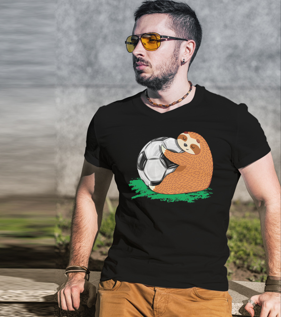 Lazy Sloth Soccer Lover Team Ball Sport Hugging Giant Soccer Ball T-Shirt