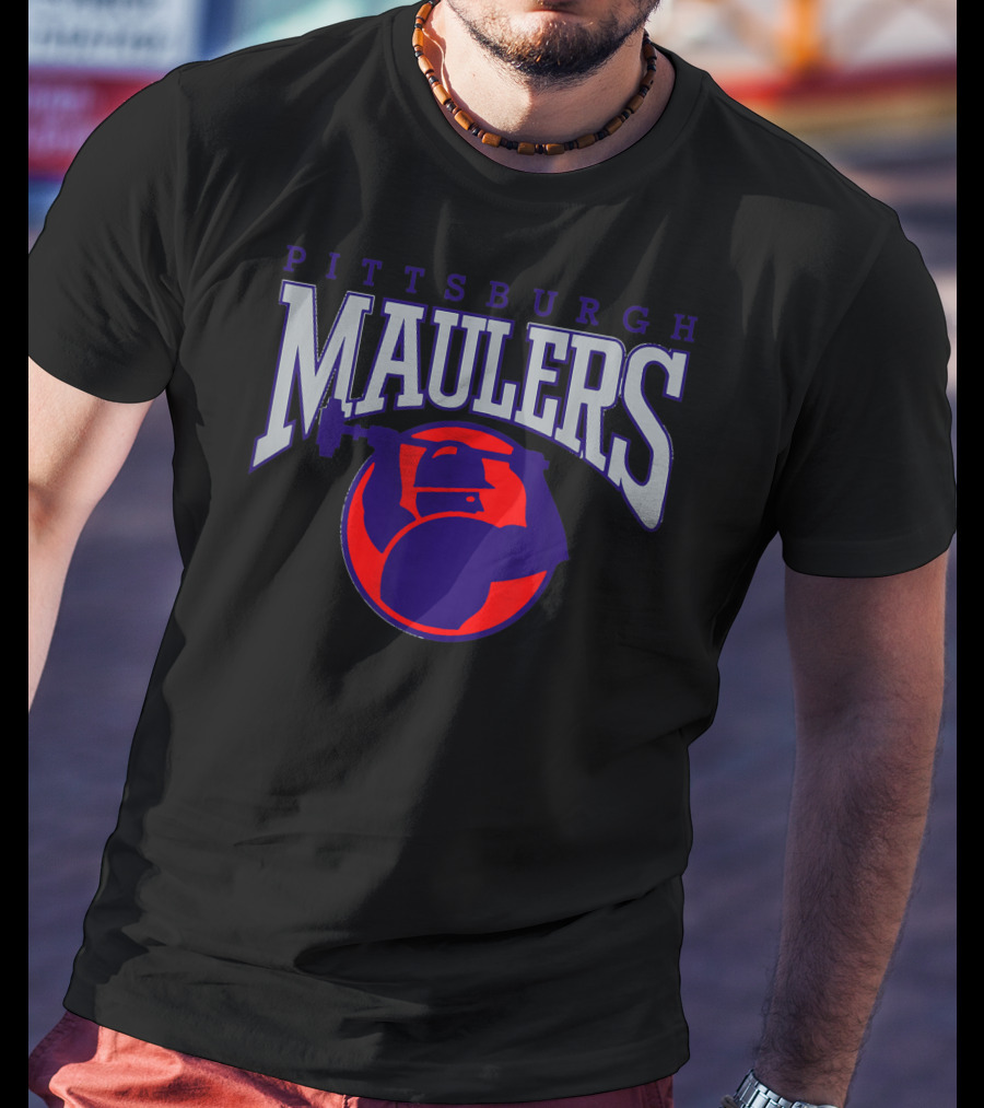 Pittsburgh Maulers Football Team Logo With Hammer Icon In Blue And Red T-Shirt