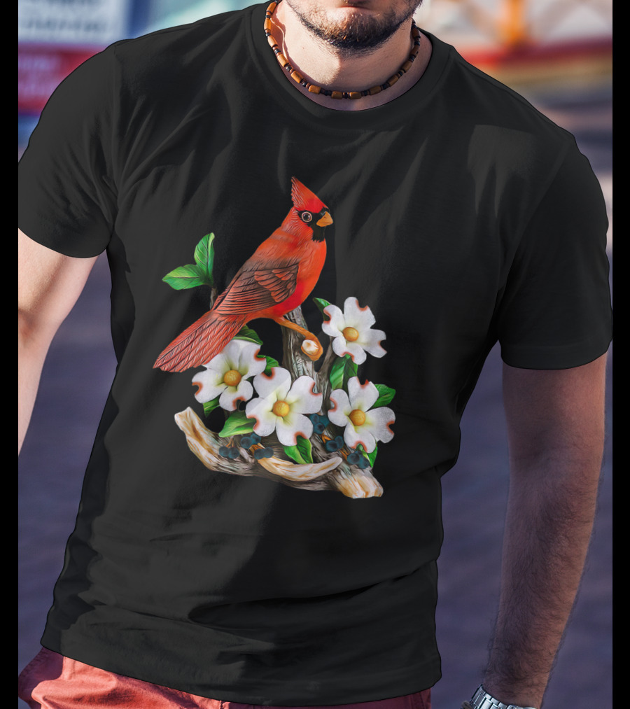 Red Cardinal Birds With White Flowering Blossoms T-Shirt