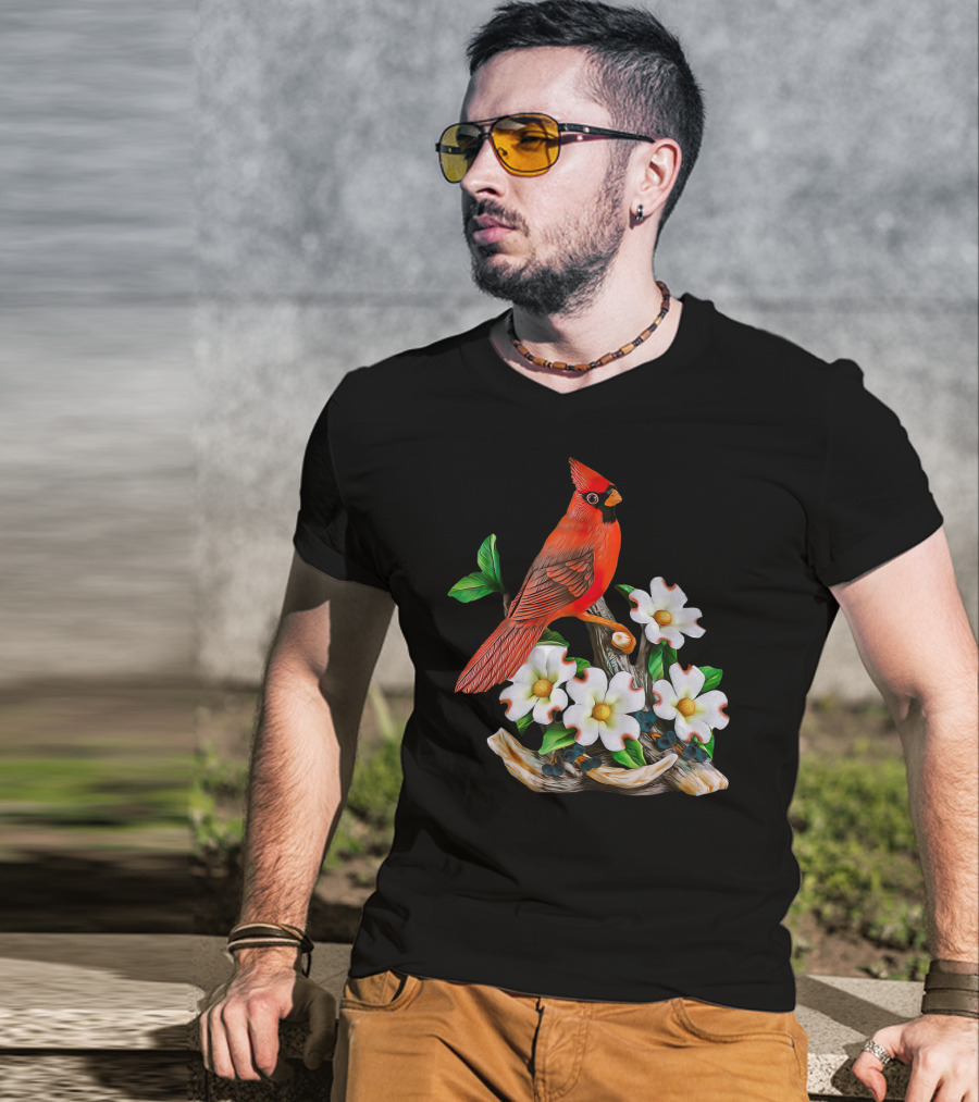 Red Cardinal Birds With White Flowering Blossoms T-Shirt