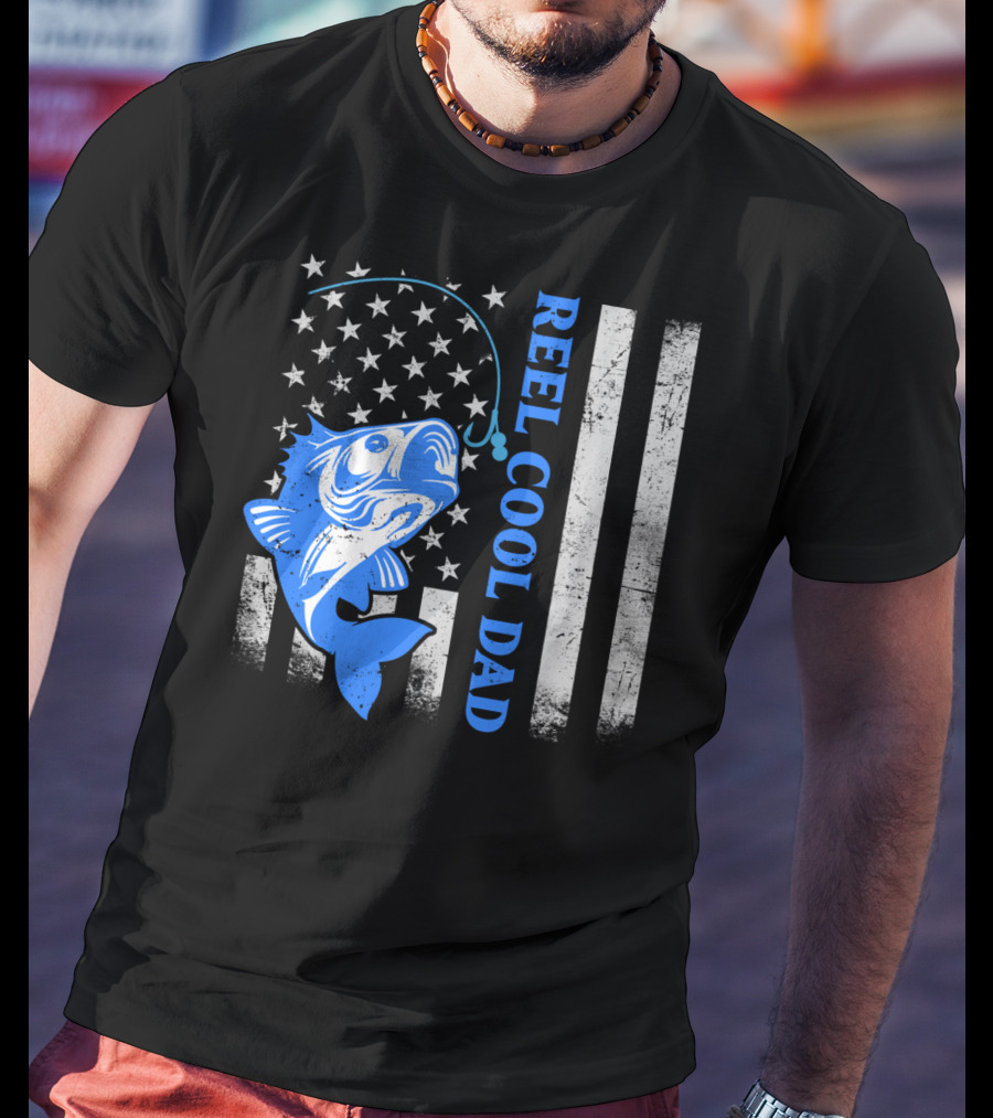 Reel Cool Dad Funny Fishing American Flag Fish T-Shirt