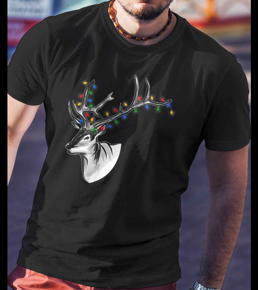 Reindeer Christmas Lights Funny Animal Decorated Antlers Festive Humor T-Shirt