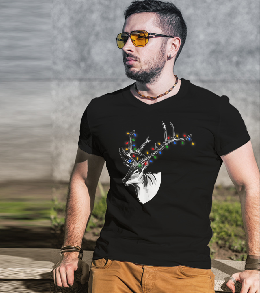 Reindeer Christmas Lights Funny Animal Decorated Antlers Festive Humor T-Shirt