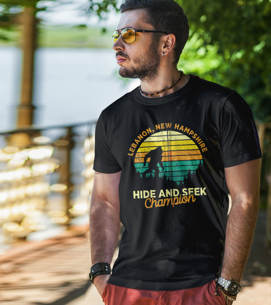 Lebanon New Hampshire Bigfoot Hide And Seek Champion Retro Sunset T-Shirt
