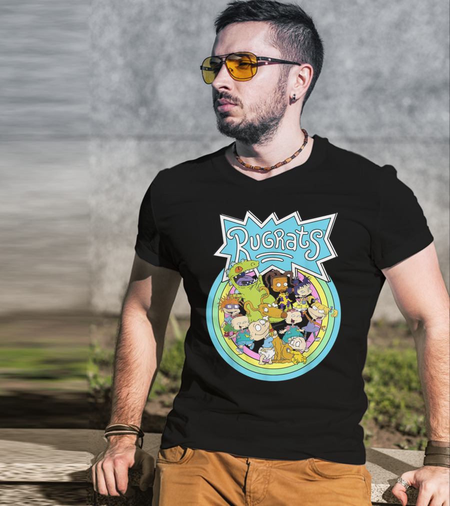 Rugrats Group Characters With Rainbow Circles Classic Title T-Shirt