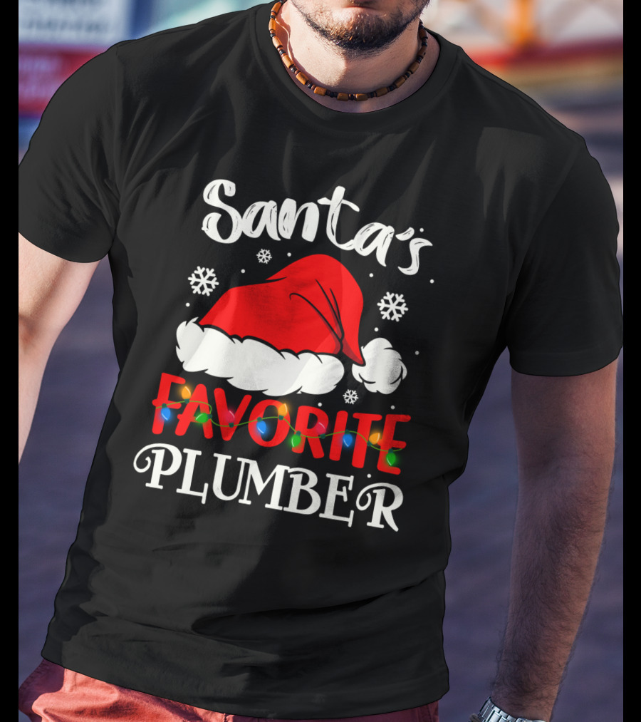 Santa's Favorite Plumber Christmas Hat Snowflakes Lights T-Shirt