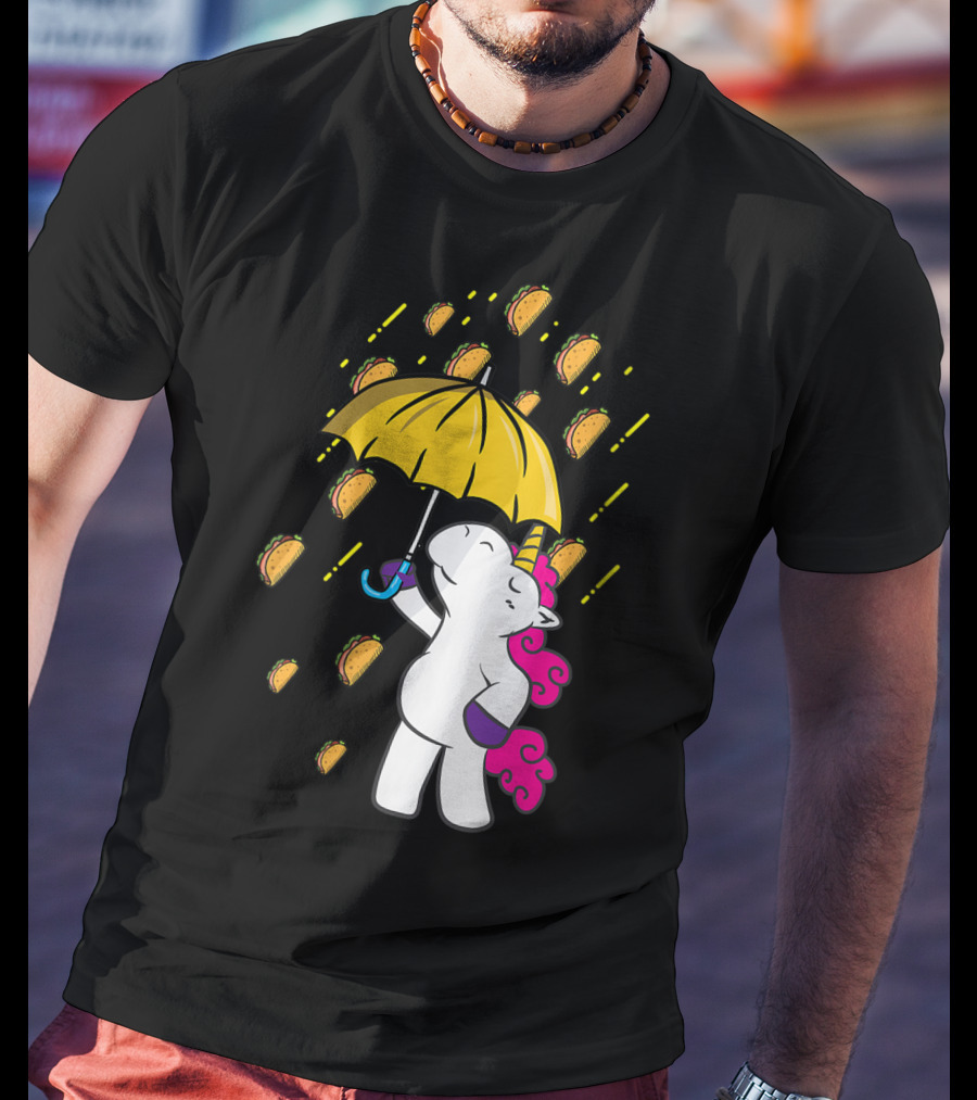 Its Raining Tacos Funny Unicorn Holding Yellow Umbrella T-Shirt