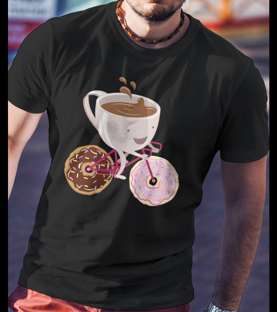 Coffee Cup Riding Bicycle With Donut Wheels Hand Drawn T-Shirt