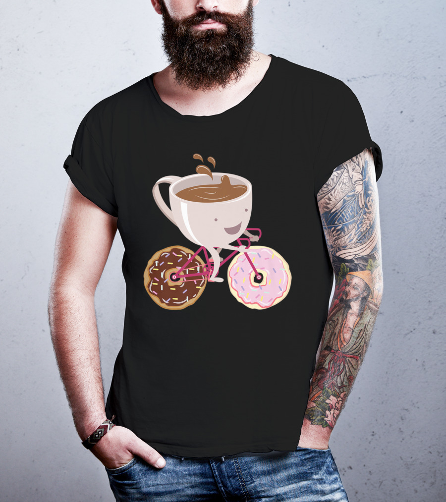 Coffee Cup Riding Bicycle With Donut Wheels Hand Drawn T-Shirt