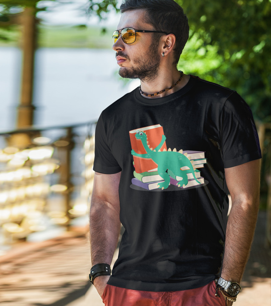 Cute Dinosaur Hugging Books For Bookish Literary Nerds T-Shirt
