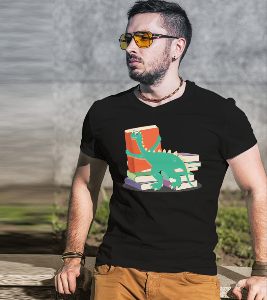 Cute Dinosaur Hugging Books For Bookish Literary Nerds T-Shirt