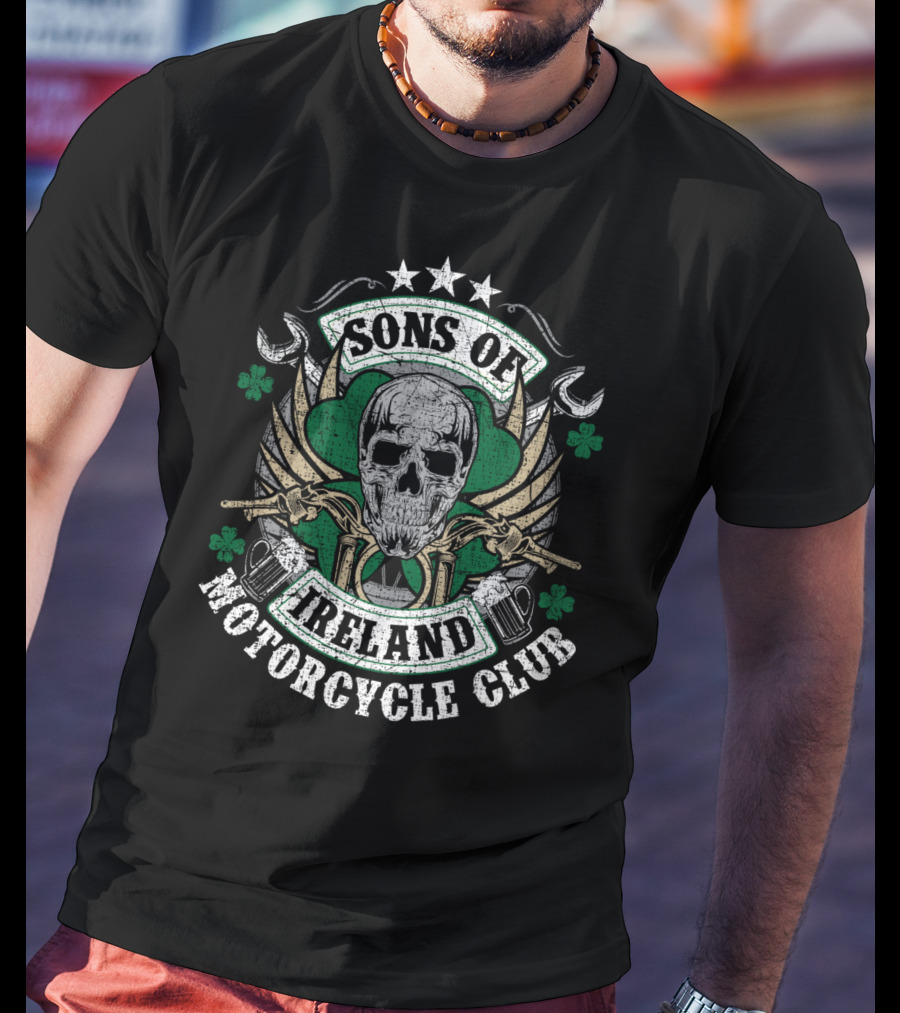 Sons Of Ireland Motorcycle Club Skull Shamrock Wings Biker T-Shirt