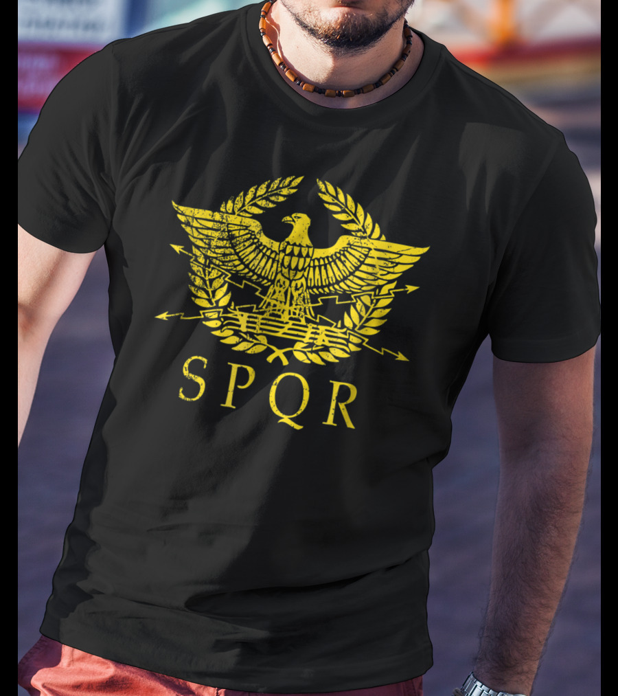 SPQR Distressed Ancient Rome Gold Eagle Laurel Emblem T-Shirt