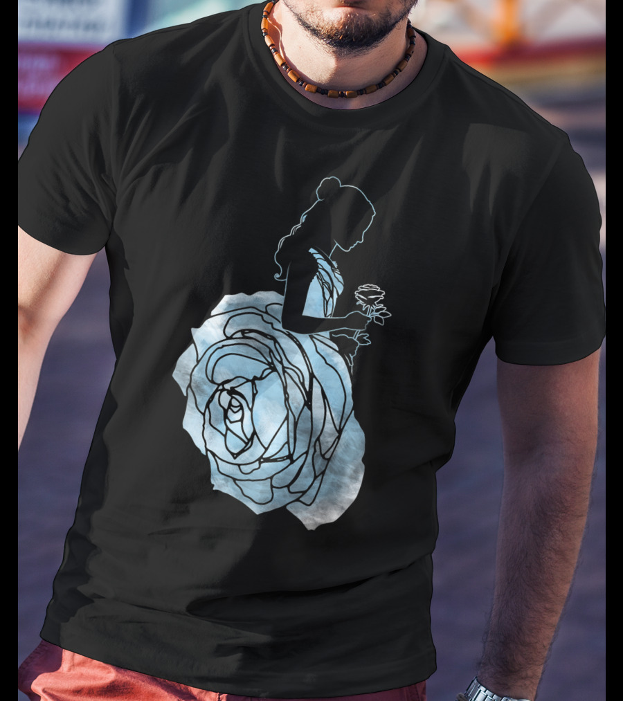 Disney Beauty And The Beast Belle Silhouette Blue Rose Dress T-Shirt
