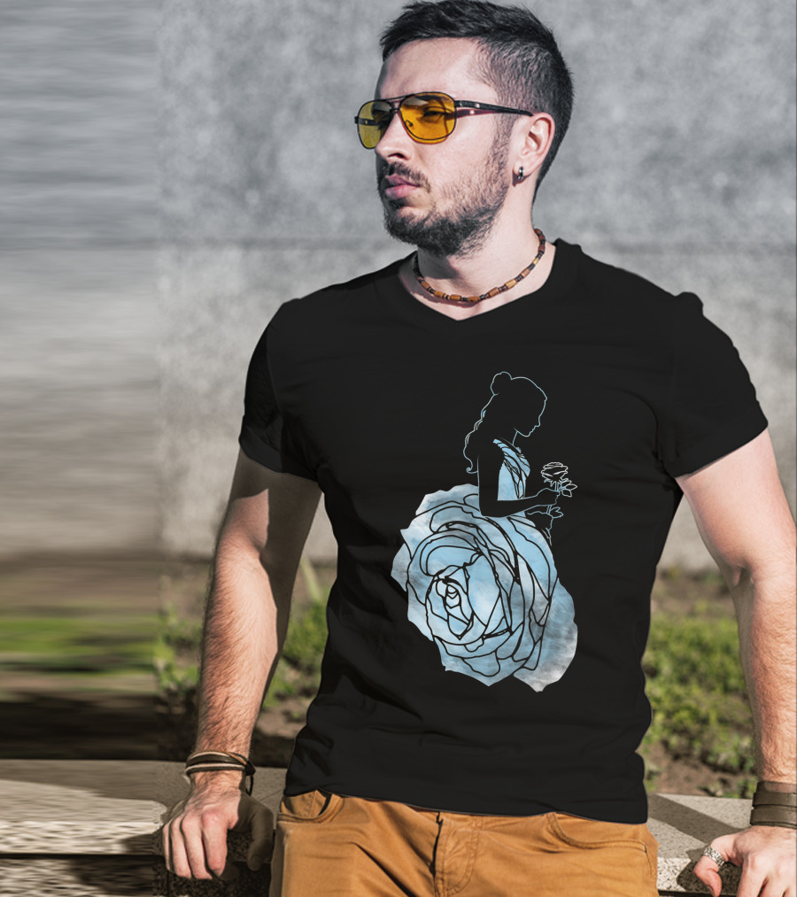 Disney Beauty And The Beast Belle Silhouette Blue Rose Dress T-Shirt