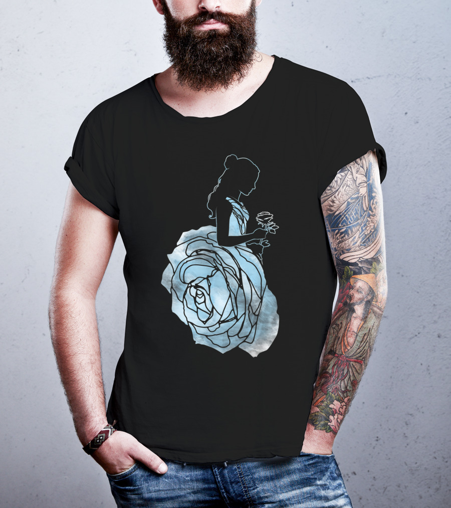 Disney Beauty And The Beast Belle Silhouette Blue Rose Dress T-Shirt