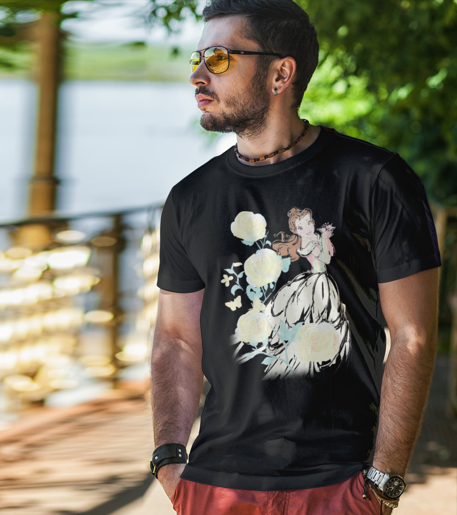 Disney Beauty The Beast Belle Yellow Watercolor Rose Butterfly T-Shirt