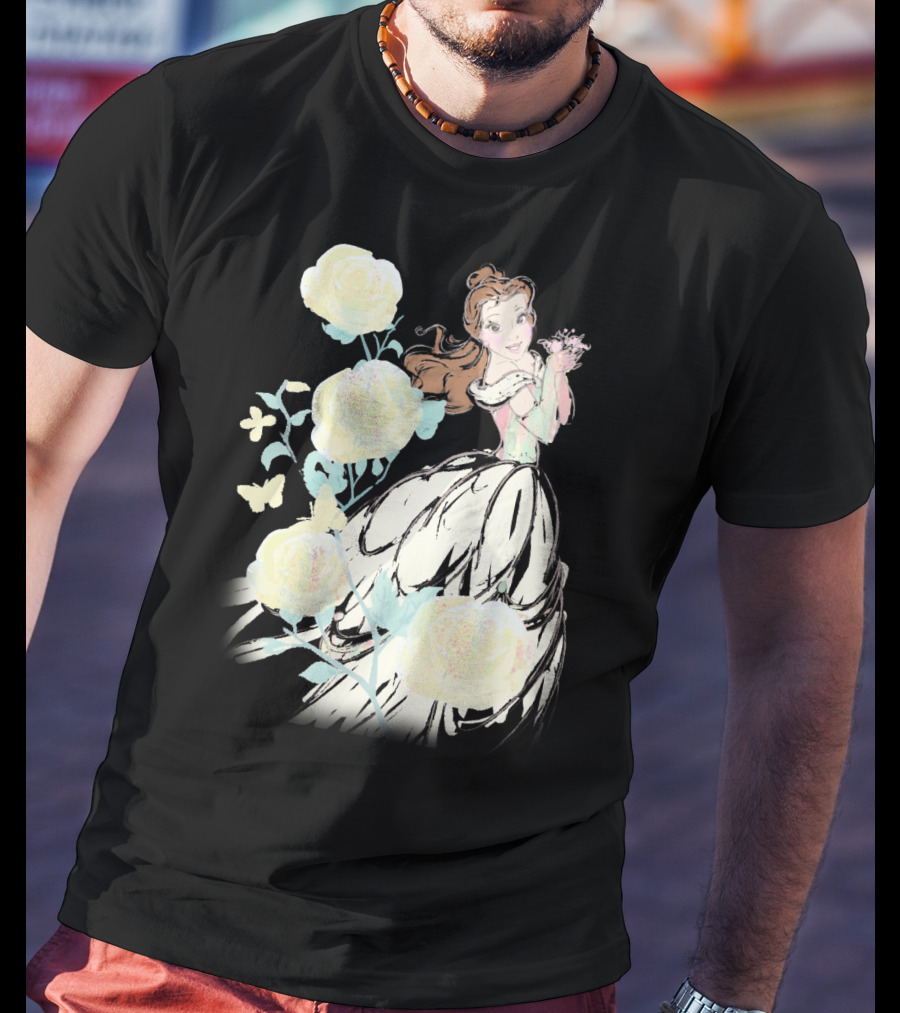 Disney Beauty The Beast Belle Yellow Watercolor Rose Butterfly T-Shirt