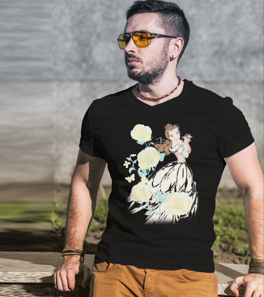 Disney Beauty The Beast Belle Yellow Watercolor Rose Butterfly T-Shirt