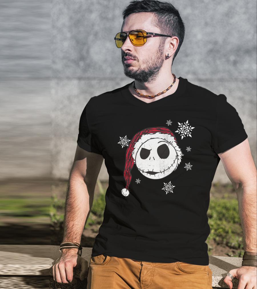 Disney Jack Skellington Santa Hat Snowflakes T-Shirt