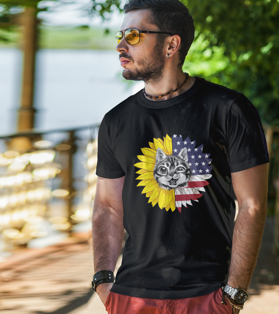 CAT LOVERS Sunflower American Flag Winking Cat T-Shirt
