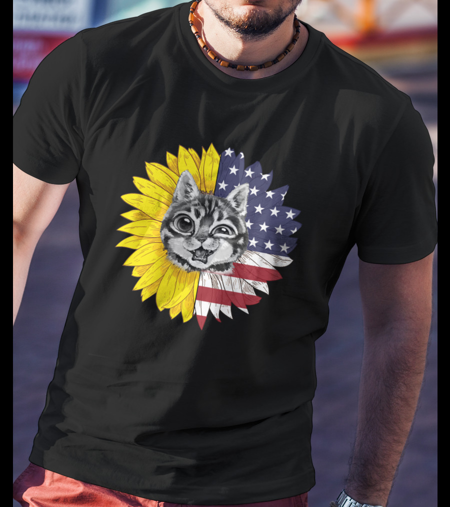 CAT LOVERS Sunflower American Flag Winking Cat T-Shirt