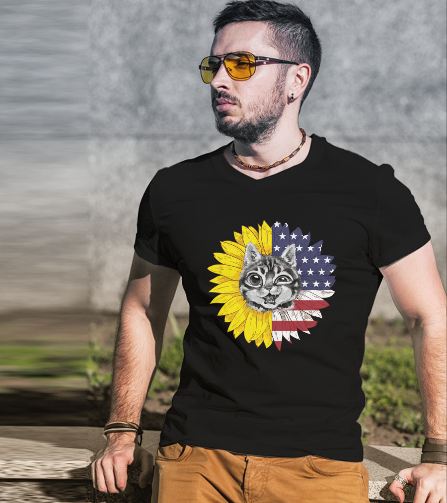 CAT LOVERS Sunflower American Flag Winking Cat T-Shirt