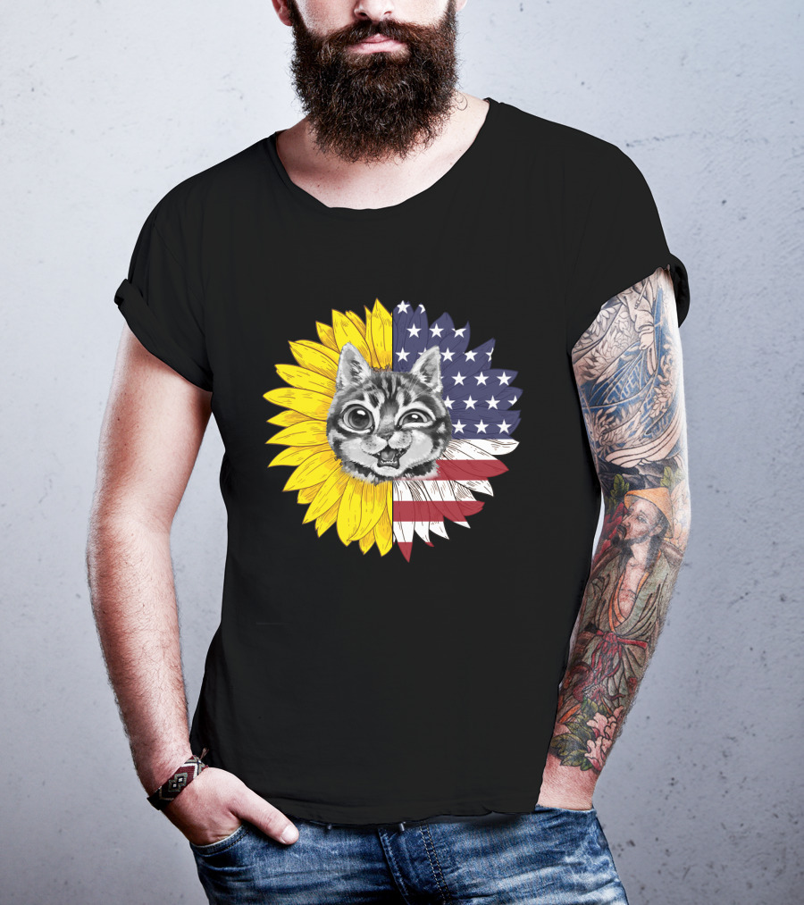 CAT LOVERS Sunflower American Flag Winking Cat T-Shirt