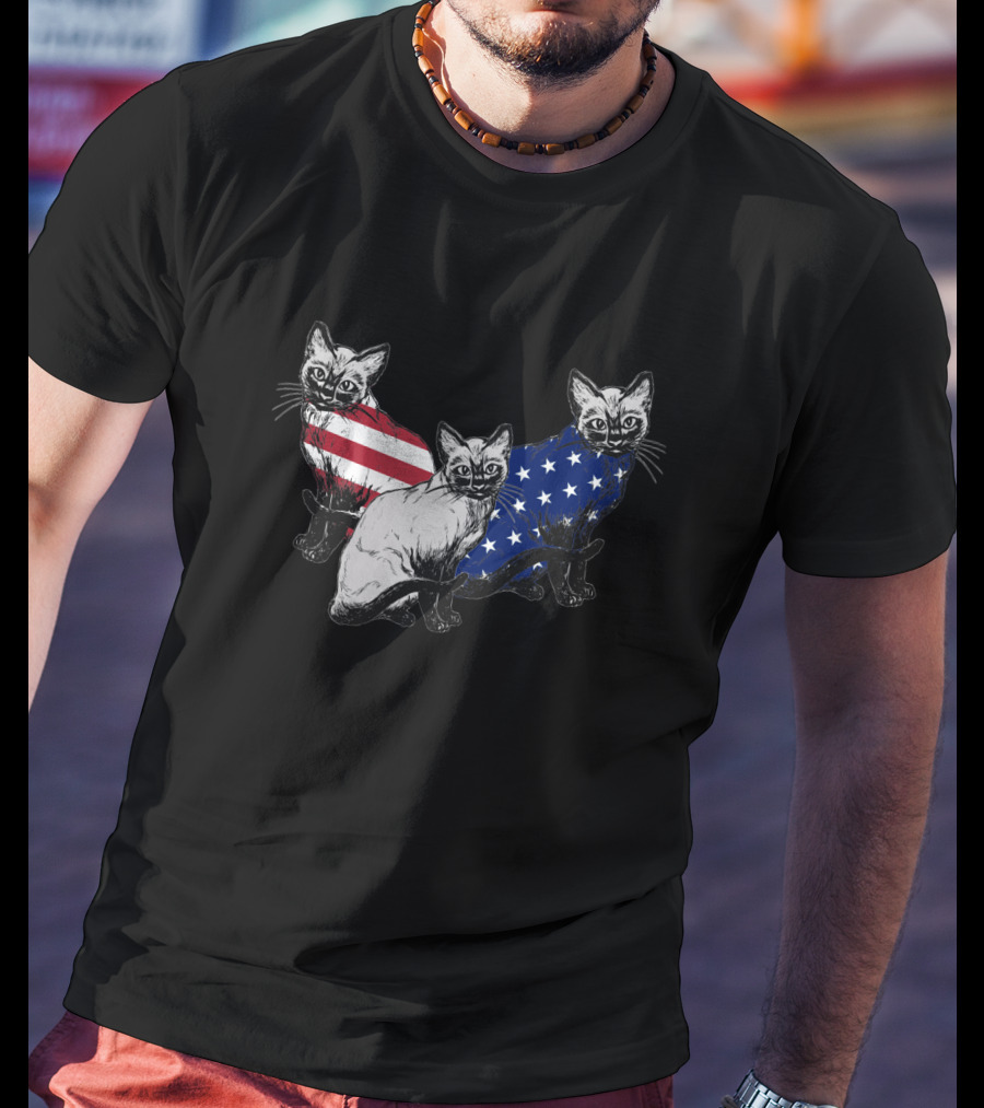 Siamese Cats American Flag July Independence Day T-Shirt
