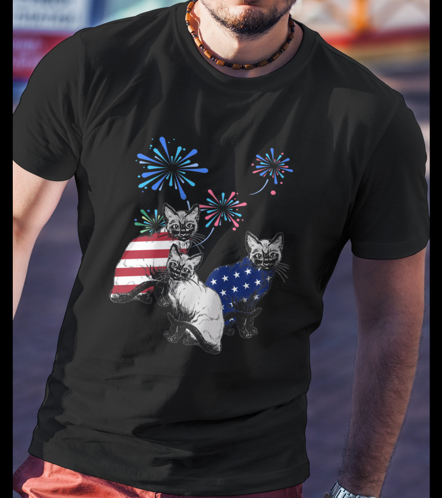 SiameseJuly Cats With Fireworks And American Flag T-Shirt